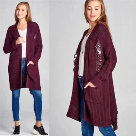 Cardigan Distressed Burgundy Knit - Picture 1 of 4